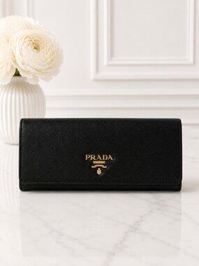 Authentic Prada Black Saffiano Leather Flap Wallet